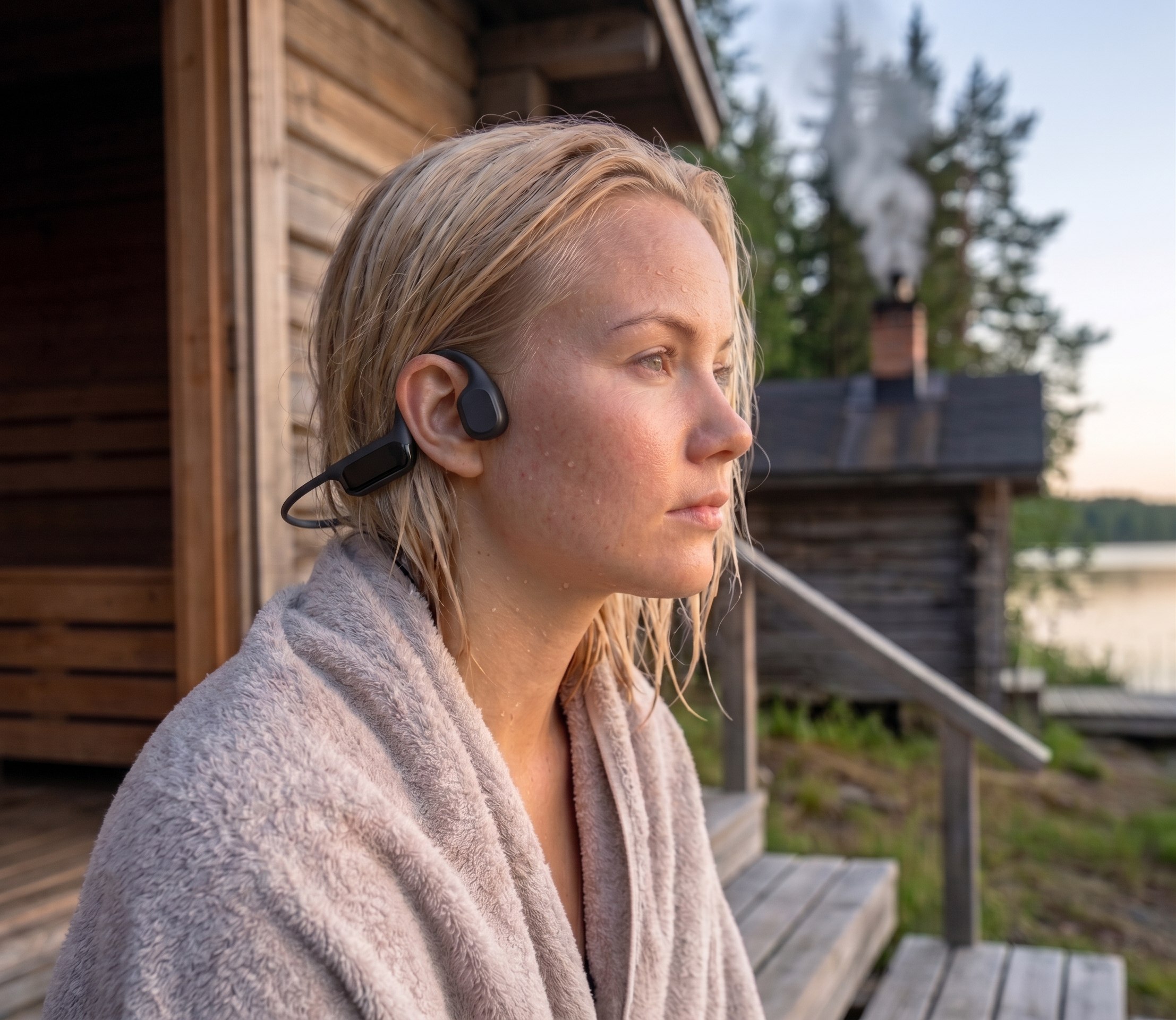 Uimari järven rannalla Splaash Swim 10 -kuulokkeet päässä